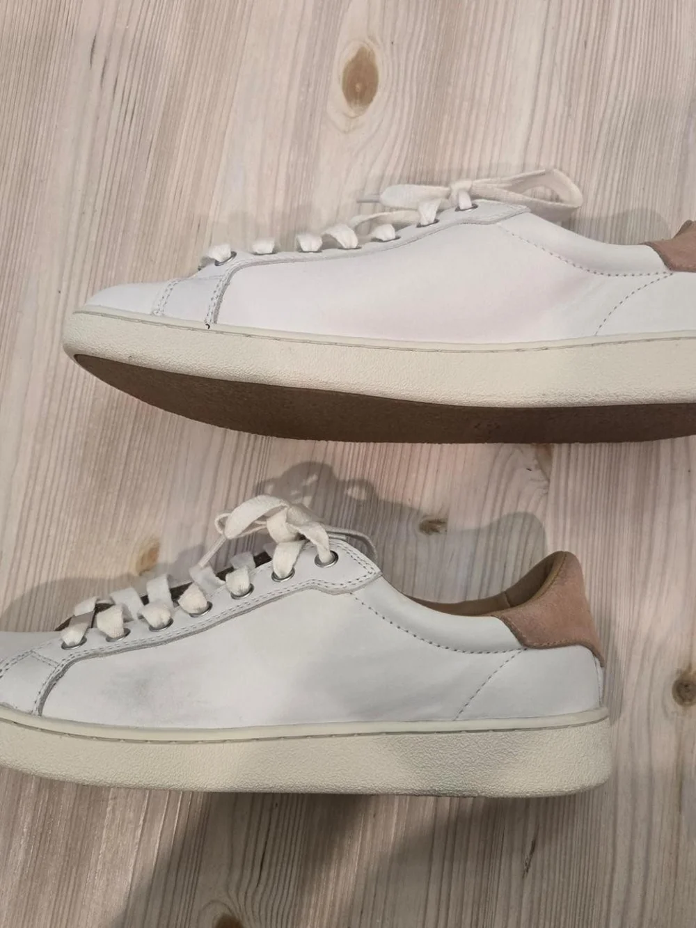 UGG White Leather Low-Top Sneakers with Tan Heel